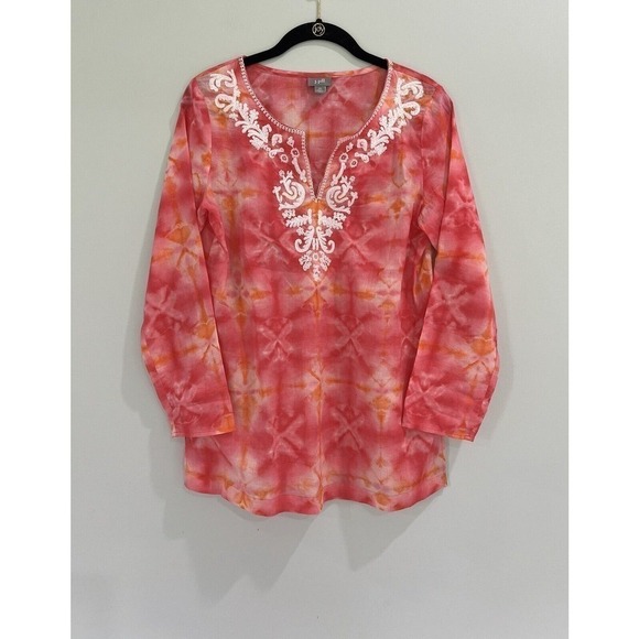 J. Jill Tie Dye Beaded Embroidered Long Sleeve Tunic Blouse Pink Size X‎ Small - Picture 1 of 4